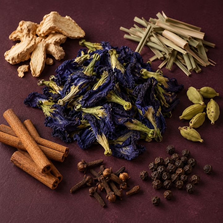 Illustrative ingredients for Butterfly Pea Flower blended with spices