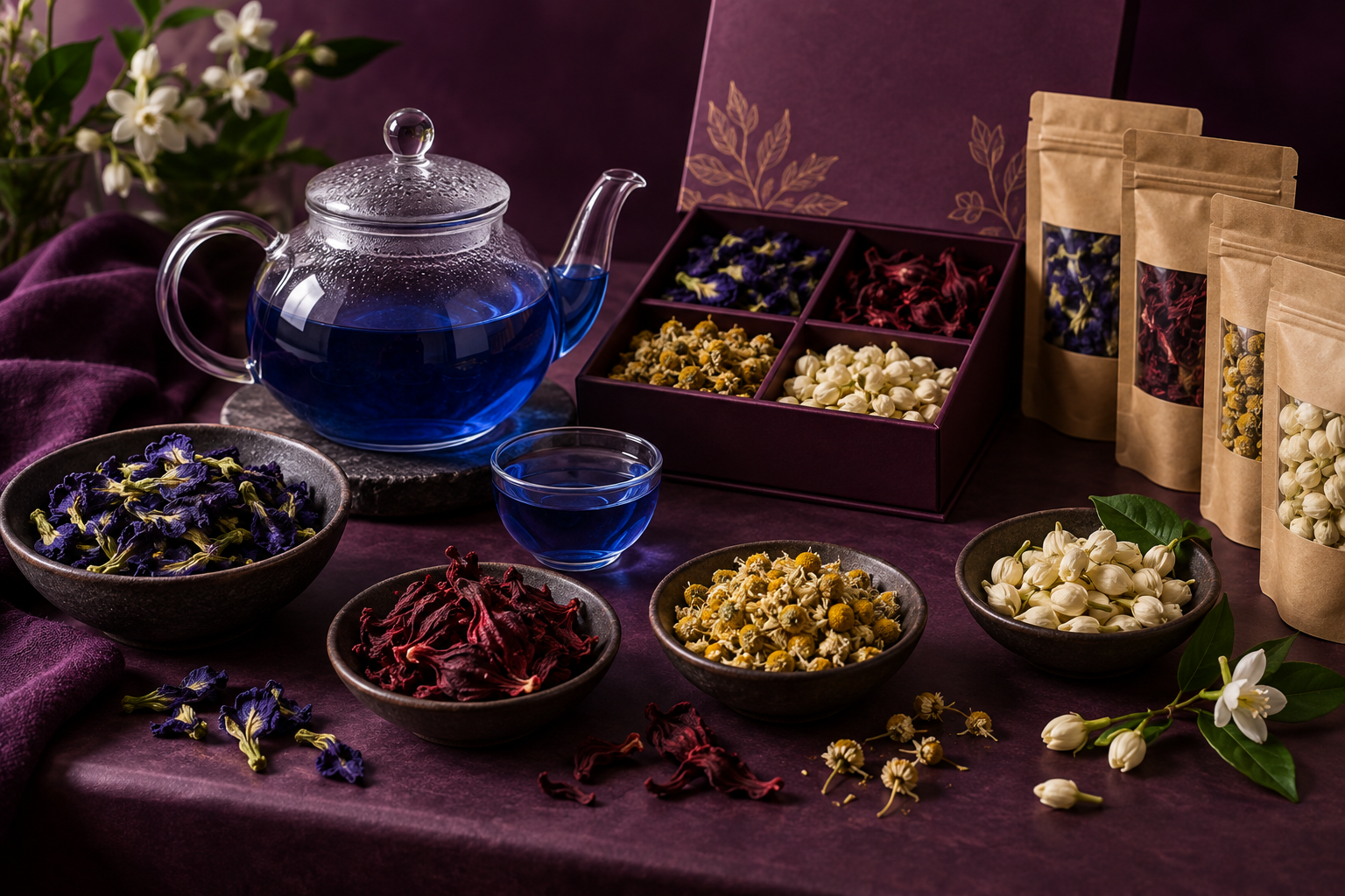 Floral teas and a glass teapot arranged for gifting